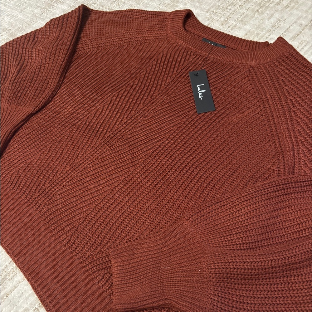 Lulu's Just Your Type Women’s Rust Knit Balloon Sleeve Sweater Sz Large Neutral